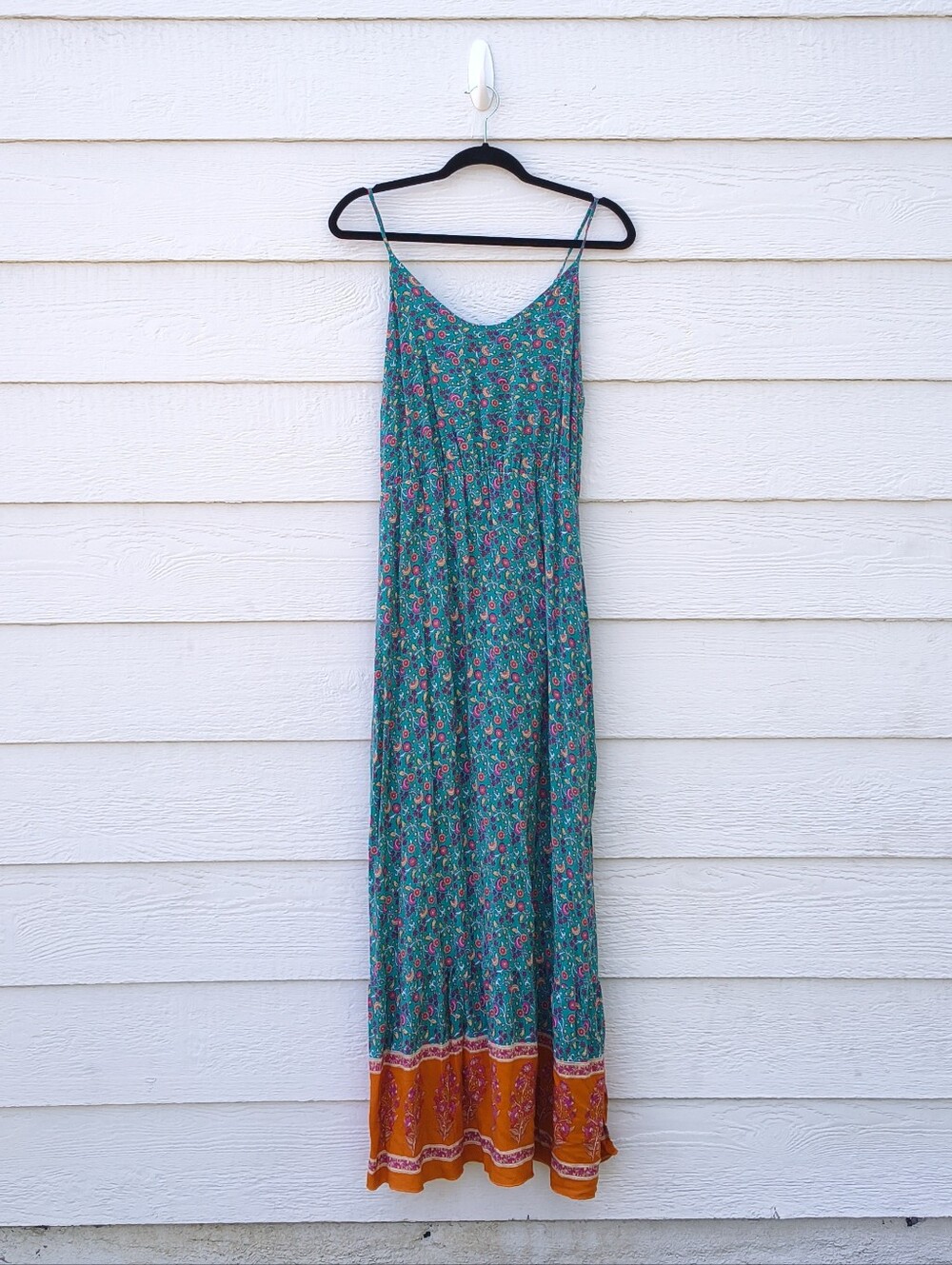 Sleeveless Floral Teal Maxi Dress with Orange Hem
